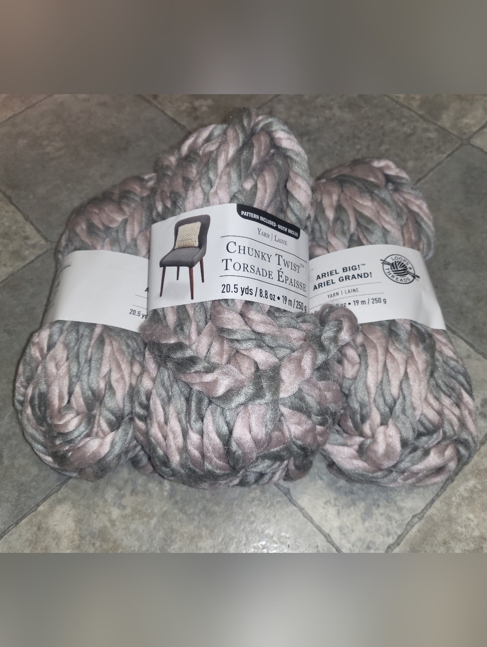 3 Skeins - Loops & Threads Chunky Twist Ariel Big Yarn - Pink/Gray (#1903)